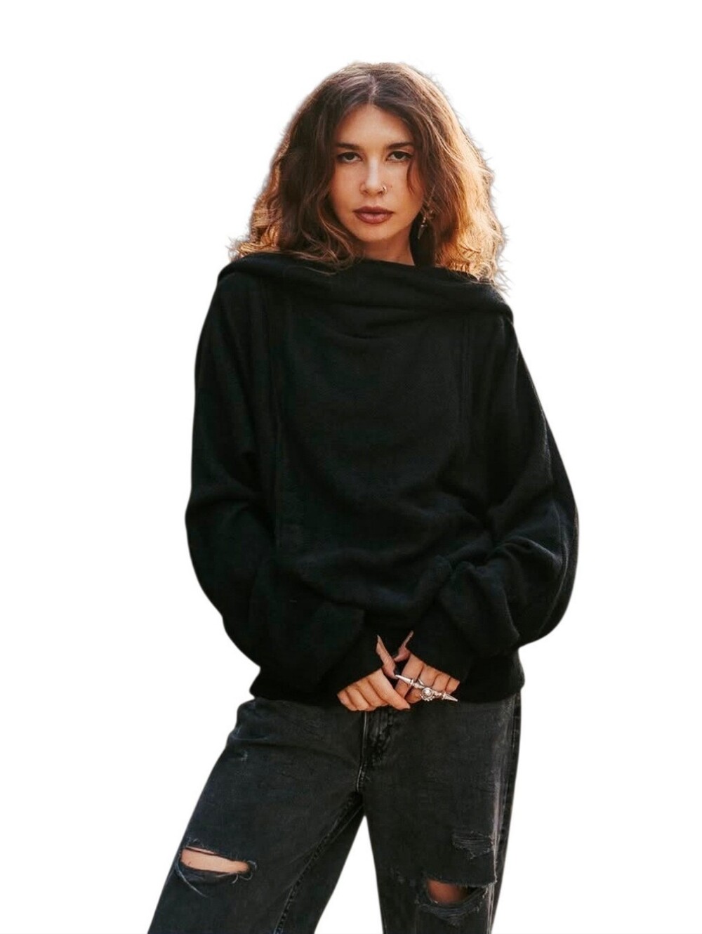 NWOT Helixx retractable hooded long sweater Black Toonzshop